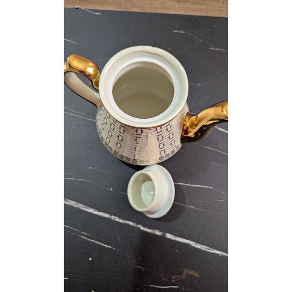 Hall Gold Label Kitchenware Teapot Ivory Gold Basket Weave 6 Cup USA 1941 - Picture 5 of 11